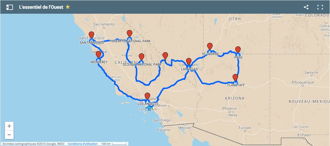 Carte circuit : L’essentiel de l’Ouest americain