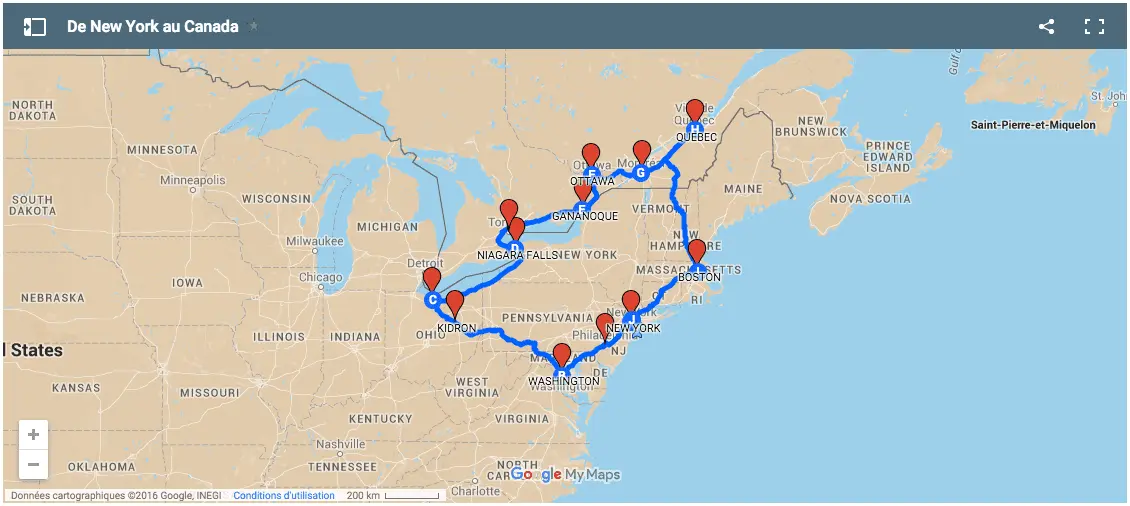 Carte circuit : De New York au Canada