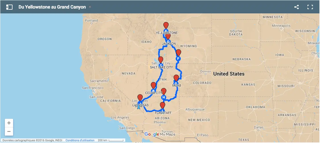 Carte circuit : Du Yellowstone au Grand Canyon