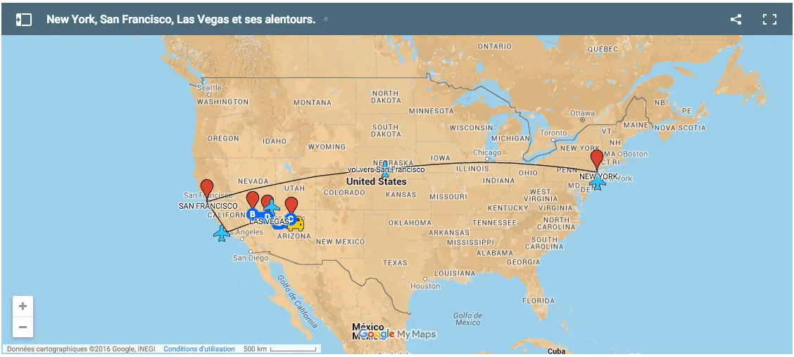 Carte circuit : New York, San Francisco, Las Vegas