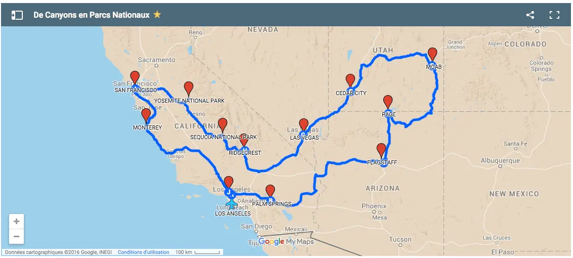 Carte circuit : De Canyons en Parcs Nationaux