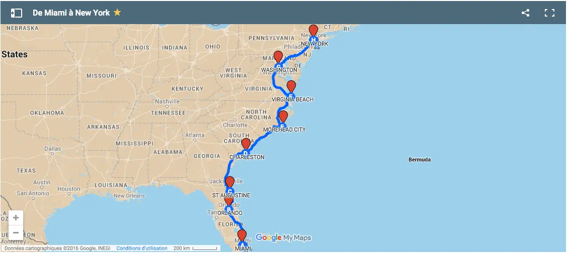 Carte circuit : De Miami à New York