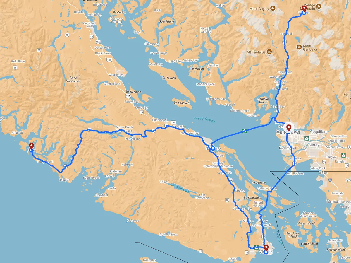 Carte circuit : De Vancouver à l'île de Vancouver
